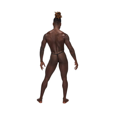 Rear view of a man wearing a black Male Power Sexagon Posing Strap with a minimal G-string design on a white background.