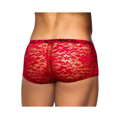 Back view of male model wearing red stretch lace mini shorts with floral pattern and low-rise fit.