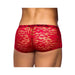Back view of red stretch lace mini shorts for men with floral pattern and low-rise fit