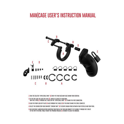 Exploded view of black silicone man cage with labeled parts and user instructions for assembly and locking.