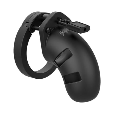 Black silicone male chastity cage with adjustable ring and secure locking mechanism.