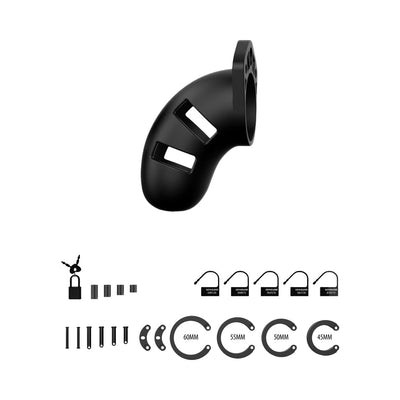 Black silicone cock cage with ventilation slots, adjustable rings, spacers, plastic clasps, and a small metal lock with keys.