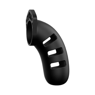 Black silicone Man Cage Model 17 chastity device with ventilation slots and locking mechanism attachment.