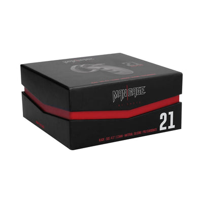 Black and red box packaging for Man Cage Model 17 silicone chastity device, size 4.5 inches, with product branding and details.
