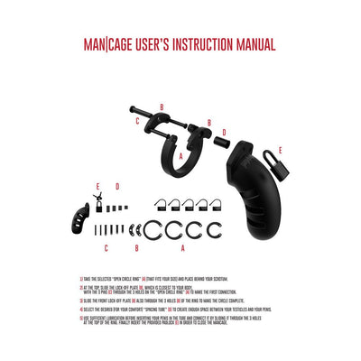 Man Cage Model 17 chastity device parts laid out with labeled assembly instructions on a white background.