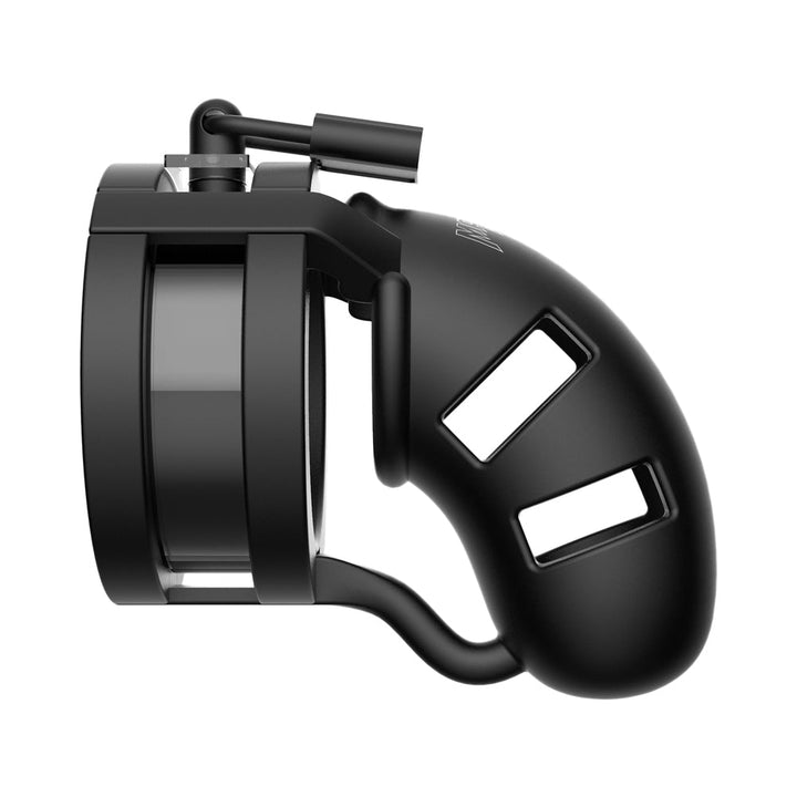 Black silicone man cage chastity device with ventilation slots and a secure locking mechanism.