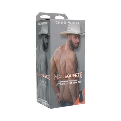 Packaging box for Man Squeeze Chad White Ultraskyn stroker featuring a shirtless man in a white cowboy hat.