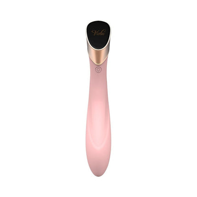 Sleek pink Manto Touch Panel G-spot vibrator with gold and black touch control panel and power button on smooth silicone body.