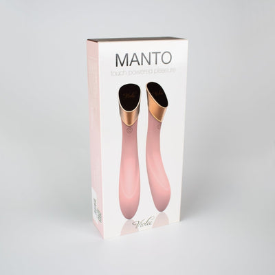 Packaging box of the Manto Touch Panel G-spot Vibrator in soft pink with gold and black accents shown on front.