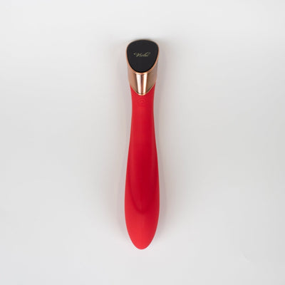 Red Manto Touch Panel G-spot vibrator with sleek curved silicone body and rose gold accent on white background.