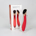 Red Manto Touch Panel G-spot vibrator with sleek curved design displayed next to its branded packaging box.
