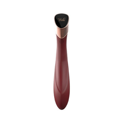Sleek wine red Manto Touch Panel G-spot vibrator with curved silicone body and rose gold accents, featuring a touch control panel.