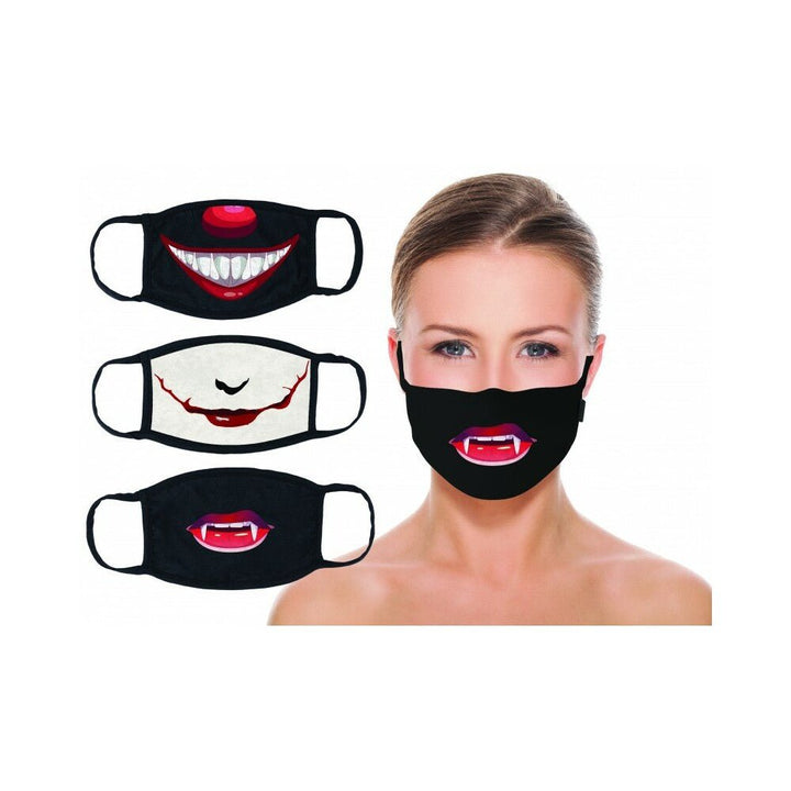 Three reusable face masks with Joker, Pennywise, and vampire mouth designs, one worn by a woman.