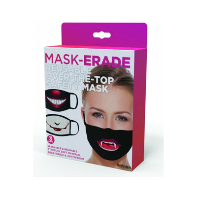 Packaging of Maskerade 3-pack reusable safety masks featuring Joker, Pennywise, and vampire fang designs on breathable fabric.