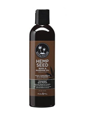 Earthly Body Hemp Seed Unscented Body and Massage Oil in a dark brown 8 oz bottle with black cap