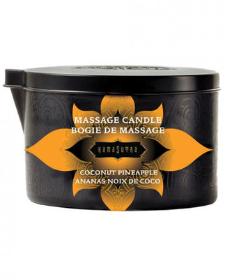 Kama Sutra Ignite Massage Candle in black tin with orange floral design, coconut pineapple scent, 6oz size.