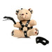 Plush teddy bear keychain with plaid ears, black faux leather harness, mini flogger, and removable black eye mask.