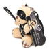 Plush teddy bear keychain with faux leather bondage harness, black eye mask, mini flogger, and plaid paw accents.