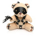Small plush teddy bear keychain with plaid ear and paw details, wearing a black faux leather harness, eye mask, and holding a mini flogger.
