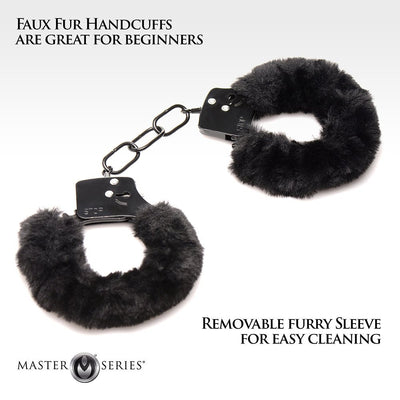 Black furry handcuffs with removable faux fur sleeves and metal chain, designed for beginners and easy cleaning.