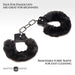 Black furry handcuffs with removable faux fur sleeves and metal chain, designed for beginners and easy cleaning.