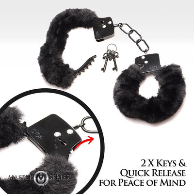 Black furry handcuffs with soft faux fur lining, metal chain, two keys, and quick release lever for easy adjustment.