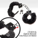 Black furry handcuffs with soft faux fur lining, metal chain, two keys, and quick release lever for easy adjustment.
