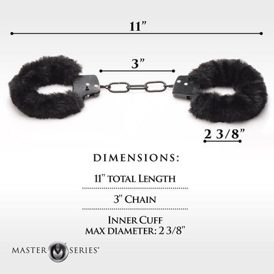 Black furry handcuffs with metal chain, showing dimensions of 11 inches total length and 2 3/8 inches inner cuff diameter.