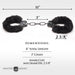 Black furry handcuffs with metal chain, showing dimensions of 11 inches total length and 2 3/8 inches inner cuff diameter.