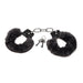 Black furry handcuffs with soft faux fur lining and metal chain, including two small silver keys on a white background.