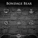 Informational graphic highlighting features of the Bondage Bear keychain including cruelty-free vegan leather, nickel-free metal, and soft, small design.