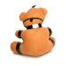 Back view of a small brown teddy bear keychain with black faux leather straps and a collar against a white background