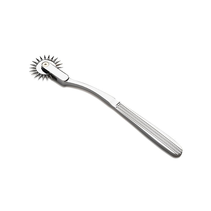 Silver metal Wartenberg wheel with spiked rotating head and textured handle for sensation play.