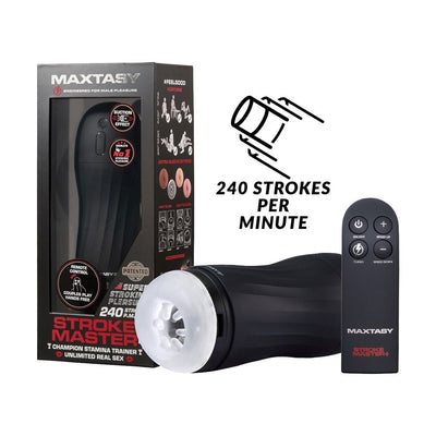 Maxtasy Stroke Master Standard with remote control, black stroking device with clear sleeve and packaging box.