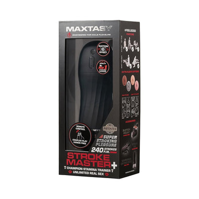 Maxtasy Stroke Master Standard male pleasure device in black with remote control, displayed in branded packaging.