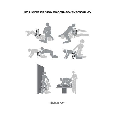 Illustrated guide showing various couple positions using the Maxtasy Stroke Master Standard with Remote Clear Plus device.