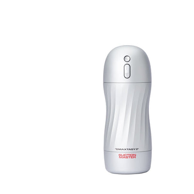 Maxtasy Suction Master Realistic male pleasure device in sleek white with control buttons on top and textured body design.