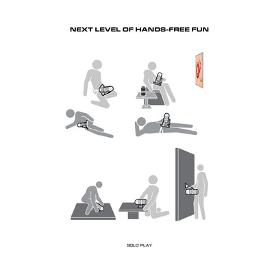 Diagram showing various hands-free solo play positions using the Maxtasy Suction Master with remote control.