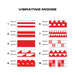 Chart showing 10 different vibrating modes for two motors with varying intensity and pulse patterns in red and white.