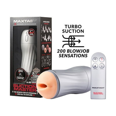 Maxtasy Suction Master realistic stroker with remote control and packaging, featuring turbo suction technology.