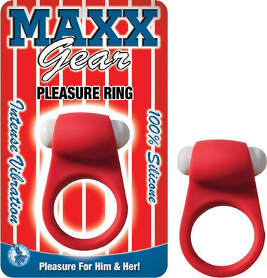 Red silicone vibrating pleasure ring with bullet, designed for shared intimate use, displayed in packaging and separately.