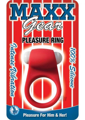 Red silicone vibrating pleasure ring in retail packaging with Maxx Gear branding and product features.