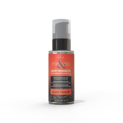 Bottle of Me and You luxury massage oil in Island Passion scent with pump dispenser and red label