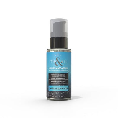 Bottle of Me and You Luxury Massage Oil in Sweet Temptation scent with pump dispenser and blue label