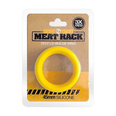 Yellow silicone Boneyard Meat Rack cock ring in branded packaging with 3X stretch and 45mm size details.