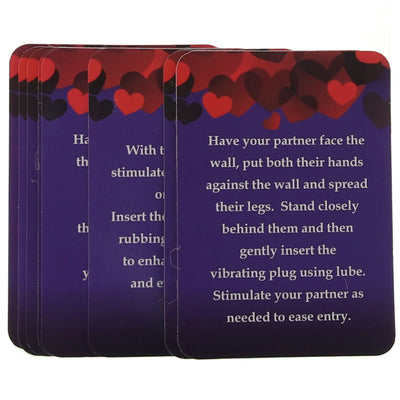 Set of purple and red heart-themed idea cards with intimate activity suggestions for couples.