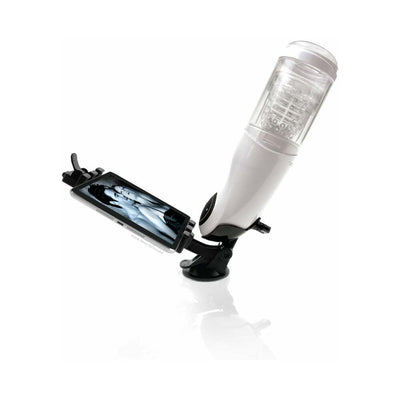 White rechargeable hands-free stroker with suction base and adjustable mobile device holder displaying black and white image.