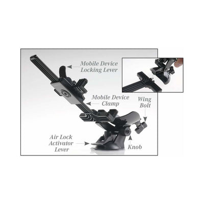 Adjustable black mounting arm with labeled mobile device clamp, locking lever, wing bolt, knob, and suction cup base with air lock activator lever.