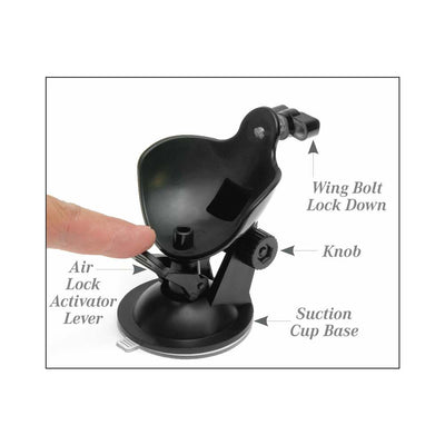 Black adjustable suction cup mount with air lock lever, wing bolt lock down, and knob for secure attachment.