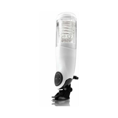 White and clear rechargeable hands-free stroker with control buttons and suction cup base on white background